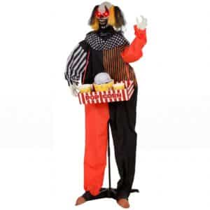 Animeret Halloween-popcornklovn med hoppende hoved, uhyggelige lydeffekter, tivolimusik og lysende øjne